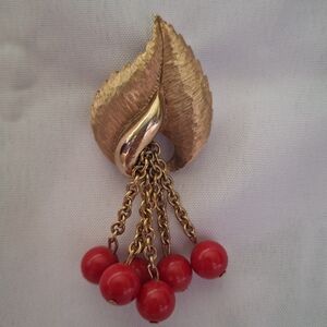 VTG Cha Cha Brushed Gold Leaf Red Beaded Brooch Pin with Chain Detail 70s Style